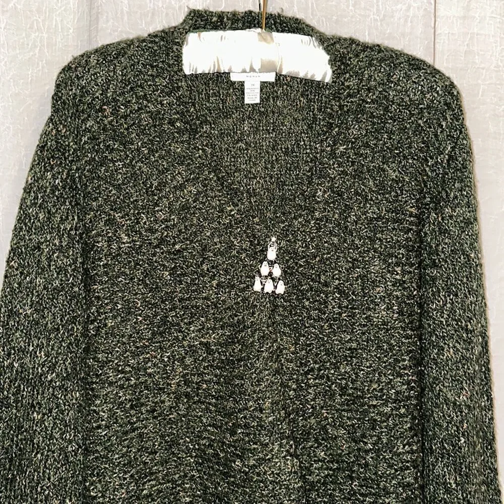Charter Club 3X Horizontal Knit Wool Blend Winter Green Open Front Cardigan